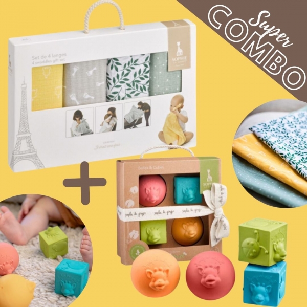Софи Жирафчето - Супер Комбо - Сет от 4 многоцветни пелени и Комплект цветни кубчета и топки "So Pure"