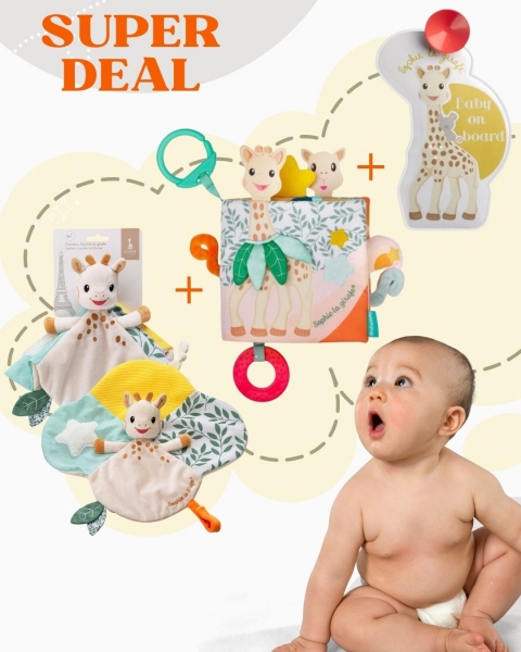 СУПЕР СДЕЛКА: "Софи жирафчето" Утешителче+ занимателна книжка и знак "Бебе в колата" 0+ месеца